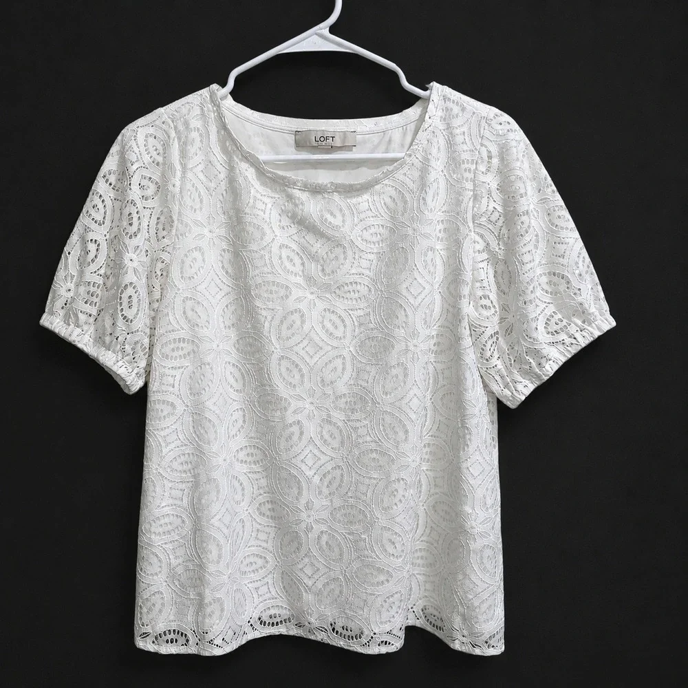 LOFT White Floral Lace Puff Sleeve Blouse Scalloped Hem Top Womens Small